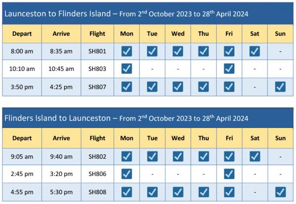 Launceston Flinders Island schedule 2 Oct 23 to 28 Apr 24