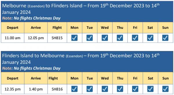 Melbourne Flinders Island schedule 19 Dec 23 to 14 Jan 25